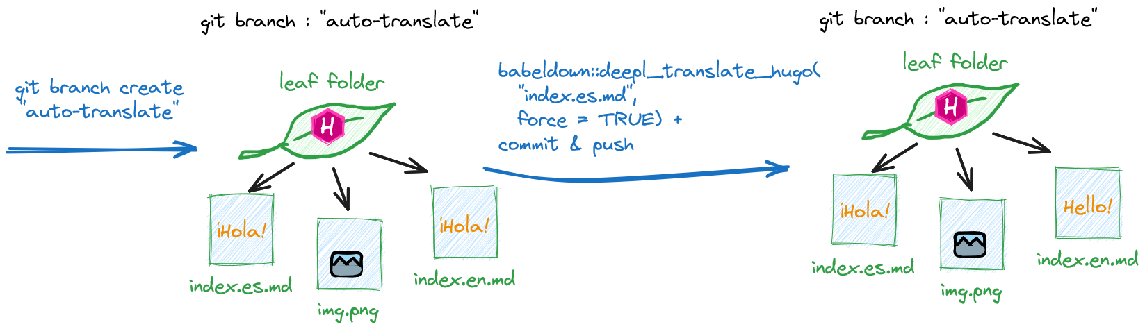Diagramme avec à gauche le dossier 'leaf' dans la branche de traduction automatique avec l'article en espagnol avec le texte 'hola', l'article avec le nom de fichier cible en anglais avec le texte 'hola', et l'image ; à droite la seule chose qui a changé est que le contenu de l'article avec le nom de fichier cible en anglais est maintenant 'hello'.